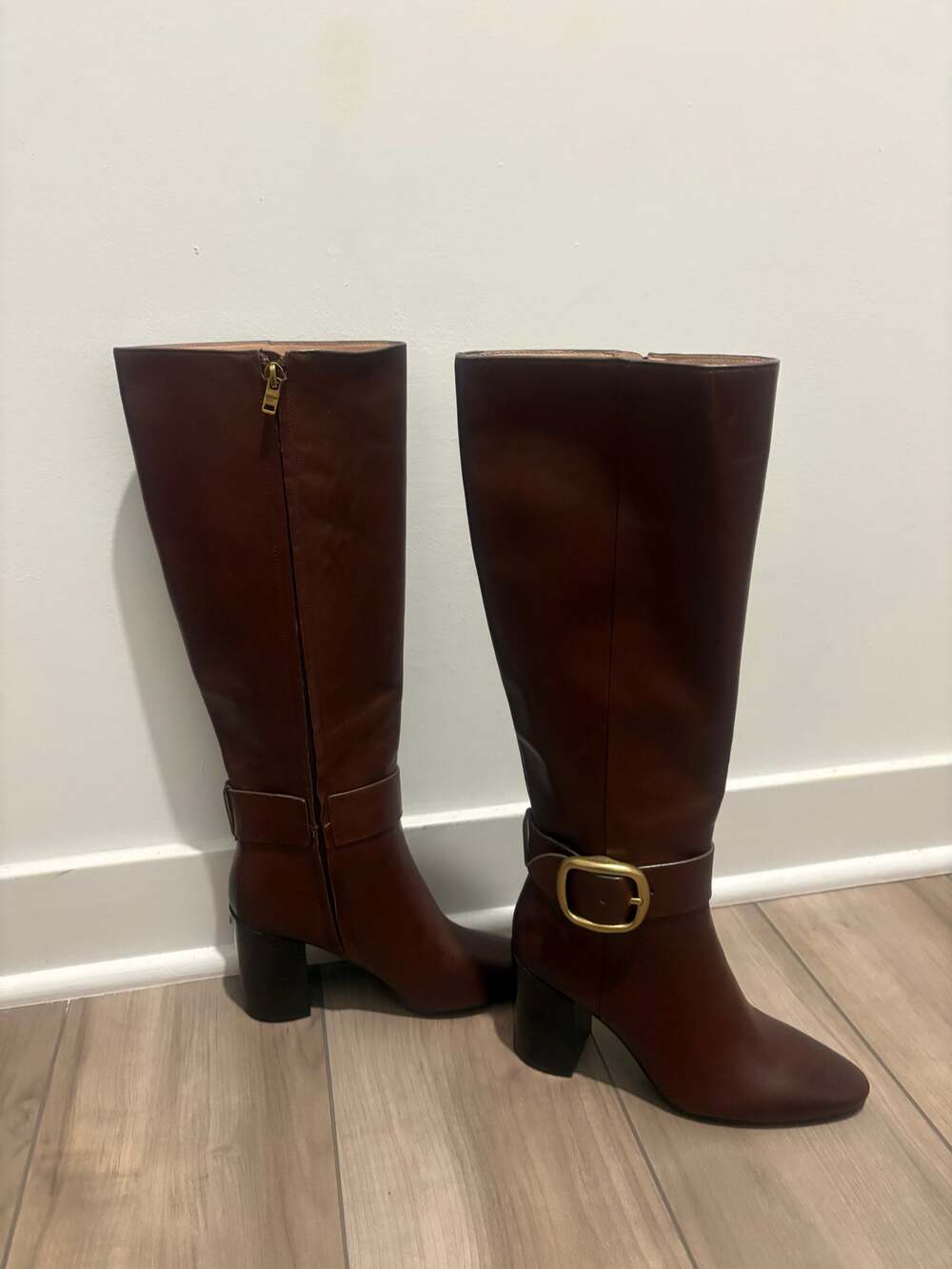 Coach Evelyn Knee High Leather Buckle Boots Walnut Brown Block Heel Women’s 6B